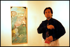 Alexander Kanevsky at the International Debut of his Art in Barcelona in 1996 in front of the Waterworld